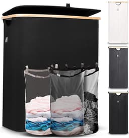 Hennez Wasmand Opbergmand 150L 3 compartimenten met deksel - Waszak Wasbaar - Rechthoekige Bamboe Wasmand met Frame — thumbnail 1