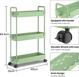 Opslag Trolley Cart Slide-out Slim Rolling Utility Cart - Opslag Rekken - Keuken Badkamer Wasruimte Slaapkamer - Kunststof Groen. Wasmachine rek — thumbnail 5