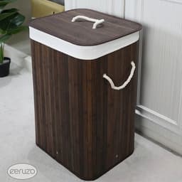 Ceruzo Bamboe Wasmand met Deksel - 72L - Bamboe - Binnenzak Wasbaar - Wassorteerder - Handvaten- Bruin — thumbnail 2