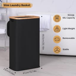 Hoge wasmand met deksel en handvat, slanke opvouwbare wasmand, 60 liter, geschikt voor slaapkamer en badkamer — thumbnail 3