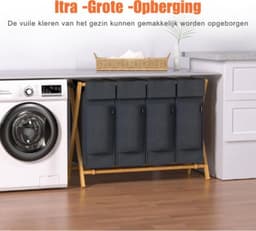Luxe Wassoorteerder – Wasmand 4 Vakken – Was Organizer – Met Deksel – 200L Capaciteit – Natuurlijke Materialen – Stijlvol – Zwart — thumbnail 3
