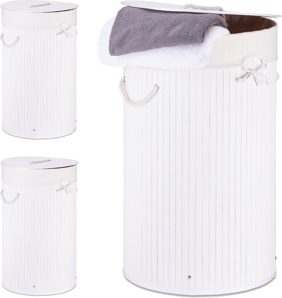 3x wasmand bamboe - wasbox met deksel - 70 liter - rond - 65 x 41 cm - wit — afbeelding 1