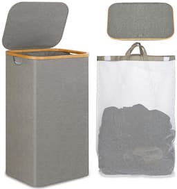 Wasmand Wasmand Met Deksel – 100L Grote Opslagcapaciteit – Opvouwbare Waszak Van Oxford Stof – Bamboe Wasbox Met Handgreep – Met Uitneembare & Wasbare Binnenzak – Grijs/Zwart – Voor Slaapkamer, Badkamer & Wasruimte — thumbnail 1