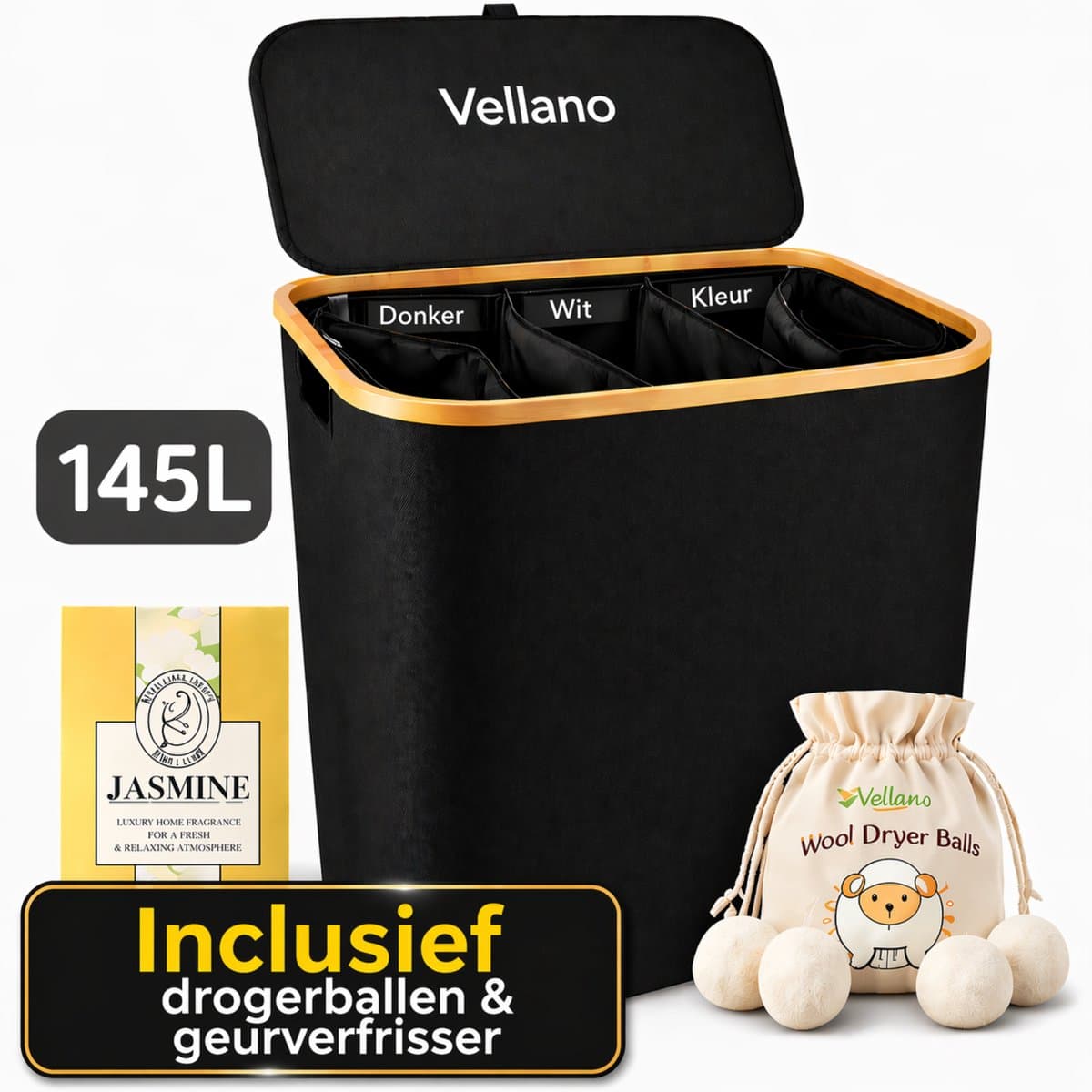 Vellano Wasmand 3 Vakken – Wassorteerder met Deksel – 145L – 3 Uitneembare Waszakken – Bamboe Frame – Incl. Drogerballen & Jasmijn Geurverfrisser — afbeelding 1
