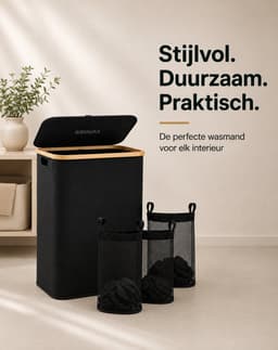 SOVARA - Wasmand 3 vakken - 160L - Zwart - Bamboe wassorteerder - 3 uitneembare waszakken — thumbnail 5