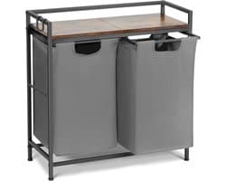 Wasmand met 2 Vakken - 92 Liter - Industrieel Wastsysteem met Houten Plank & Metaal Frame - Uitschuifbaar & Op Wielen - Wasmand voor Badkamer & Slaapkamer - 73x30x74 cm