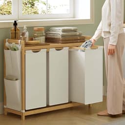 Wasmand vuile was sorteermand opbergmand 94×33×78 cm naturel houtkleur + beige 150L grote capaciteit 3 vakken met afneembare binnenvoering, opbergrek en zijvak stevig en duurzaam bamboeframe geschikt voor badkamer, wasruimte en slaapkamer — thumbnail 3