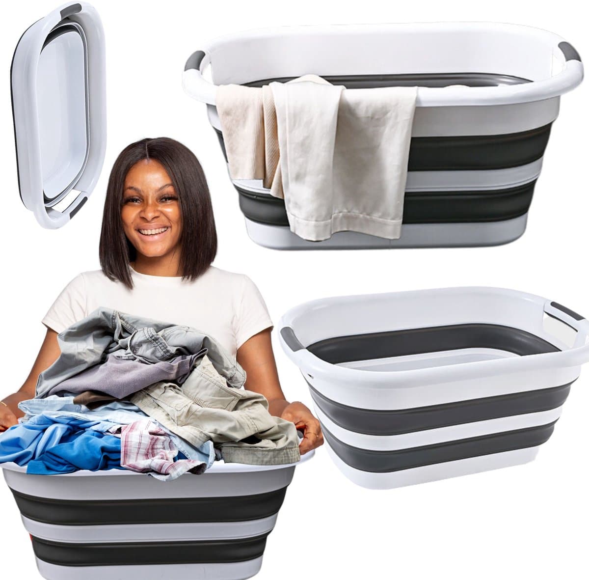 Mona - Opvouwbare Wasmand - 40L - Anti-slip Handvatten - Biało-szary — afbeelding 1