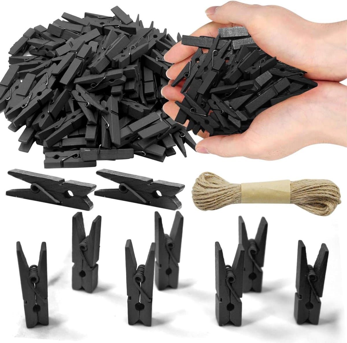 Mini Wasknijpers - Houten Knijpers - Foto's Ophangen - Met Jute Touw - 100 Stuks - Zwart — afbeelding 1