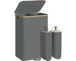 SONGMICS Wasmand met deksel, wasverzamelaar, wassorteerder, waszak afneembaar, bamboeframe, voor bijkeuken, slaapkamer, 2 vakken, 150 liter, leigrijs LCB532GN01