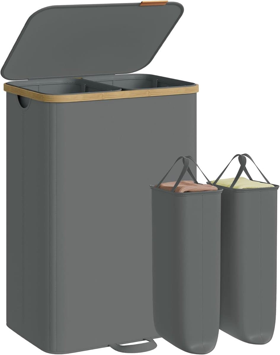 SONGMICS Wasmand met deksel, wasverzamelaar, wassorteerder, waszak afneembaar, bamboeframe, voor bijkeuken, slaapkamer, 2 vakken, 150 liter, leigrijs LCB532GN01 — afbeelding 1