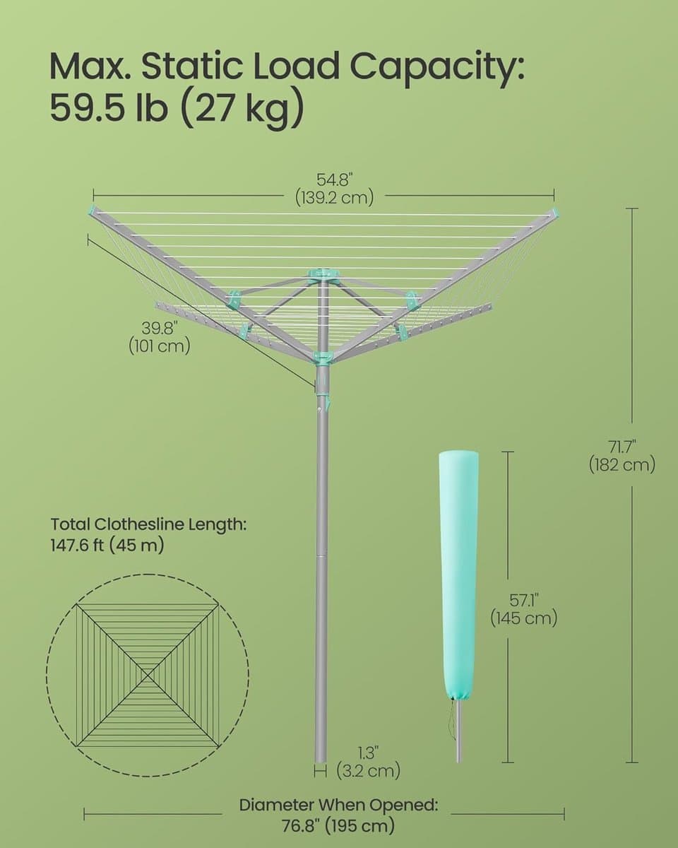 SONGMICS - droogmolen - waslijn - draaibare drooglijn - opvouwbaar - buiten wasdroogrek met clips en hoes - 45 m drooglengte — afbeelding 1