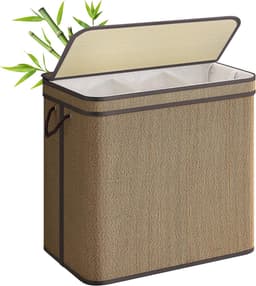 SONGMICS 3-delige wasmand met deksel, (170 L) Grote wasmand met 3 verwijderbare machinewasbare stoffen zakken, bamboe wasmand, handgrepen, voor badkamer, bruin LCB069K01 — thumbnail 1