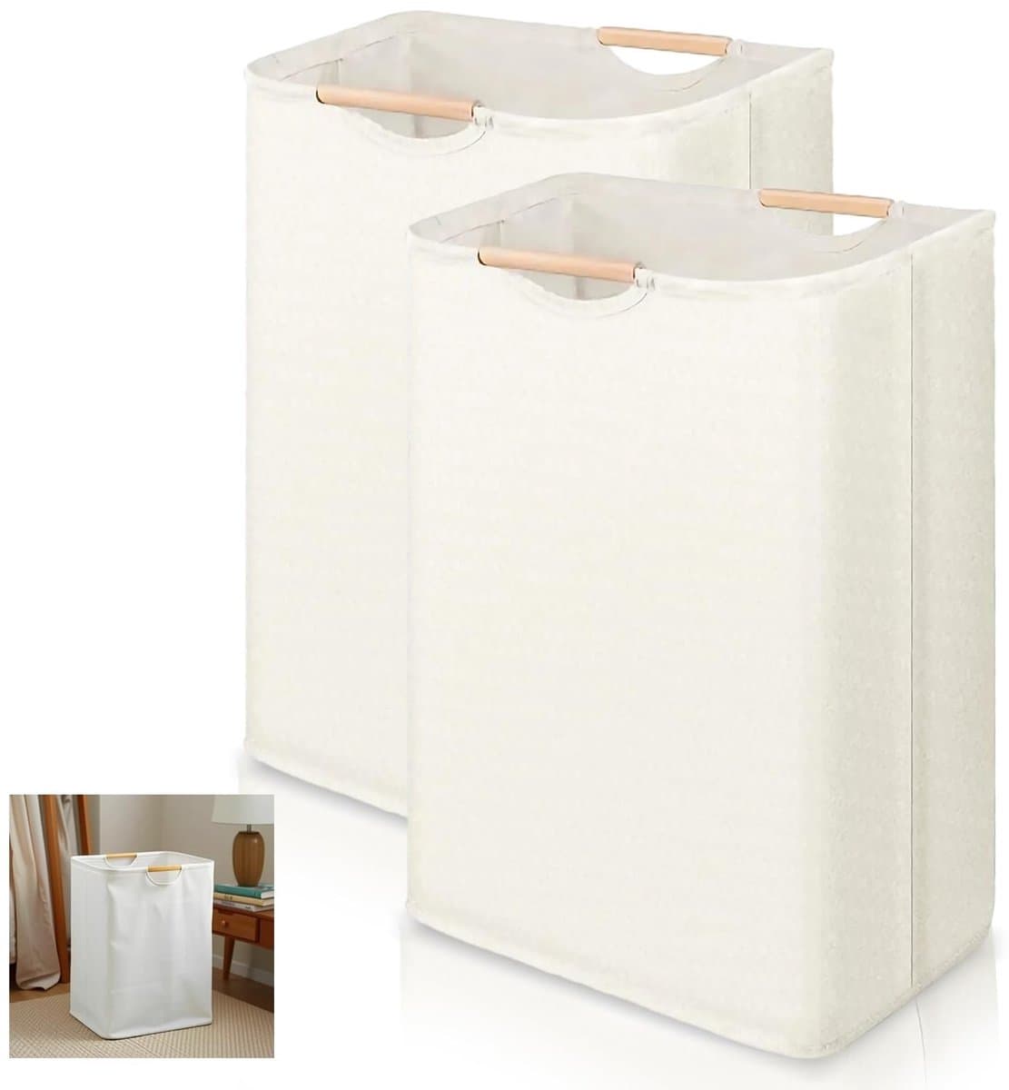 Dailygoods- Wasmand 2 Stuks - Smalle Wasmand - Wasmand met Houten Handgrepen - Polyester-Katoen - 40 × 30 × 59 cm - Wasverzamelaar - Wasmanden — afbeelding 1