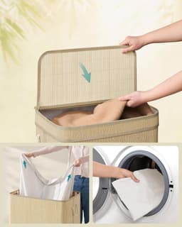 SONGMICS Bamboe wasmand, 90 liter, afneembare en machinewasbare waszak, met deksel, handgrepen, voor wasruimte, slaapkamer, woonkamer, natuurlijk LCB067Y01 — thumbnail 4