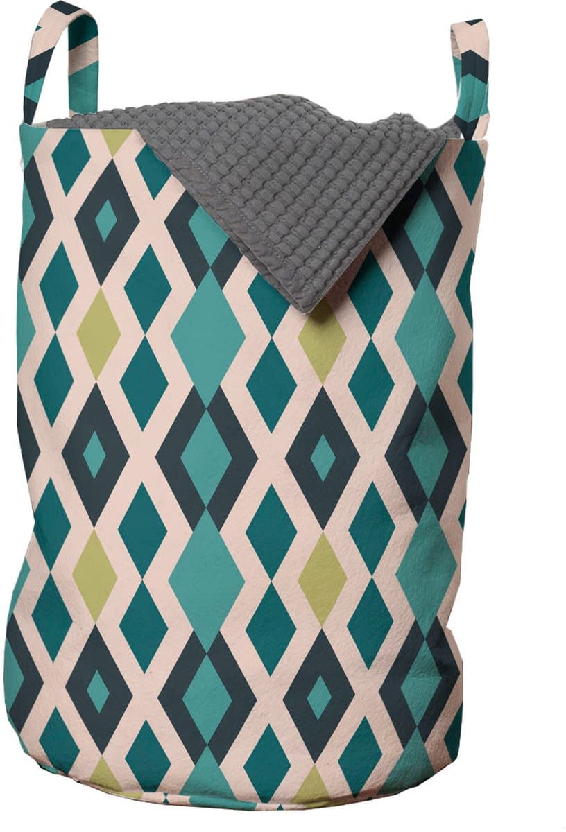 ABAKUHAUS Geometrische waszak, zigzag en diamanten, wasmand met handvatten en trekkoord voor wasserettes, turquoise blush en kaki — afbeelding 1