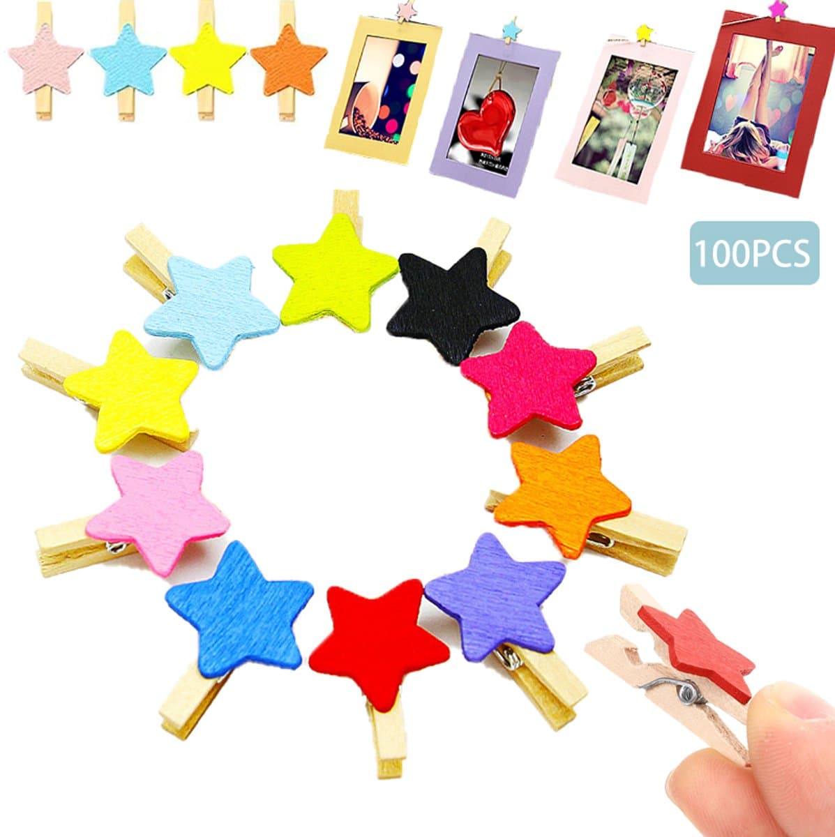 100 stuks - Kleine houten wasknijpers - Mini gekleurde fotoklemmen - Decoratieve fotoklemmen - Hangende fotoklemmen - Houten knutselklemmen - Ansichtkaartklemmen - houten klemmen - Willekeurige kleuren - Geschikt als fotoklemmen en opbergklemmen — afbeelding 1