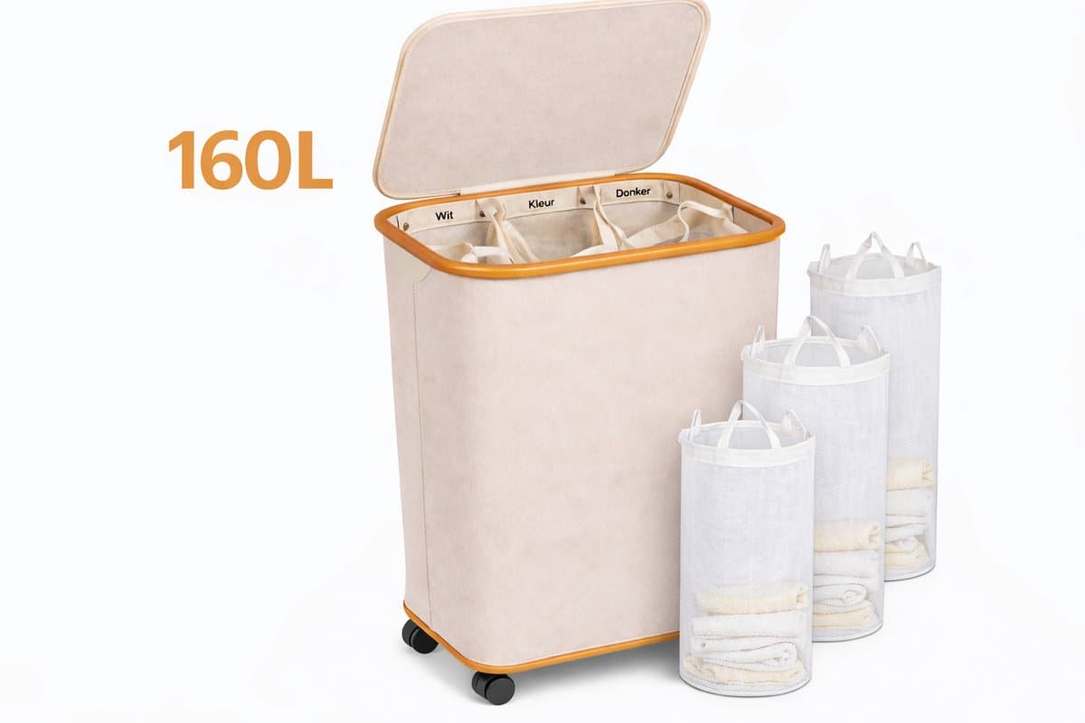 DutchHome Wasmand 3 Vakken 160L met Wielen en Deksel - Wassorteerder Beige — afbeelding 1