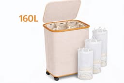 DutchHome Wasmand 3 Vakken 160L met Wielen en Deksel - Wassorteerder Beige — thumbnail 1