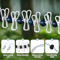 Draagbare Waslijn - Reis Waslijn - Kleding Drogen - 13 Antislip Gespen - 12 Wasknijpers - Wit — thumbnail 2