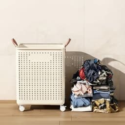 Grote Opvouwbare Wasmand op Wieltjes – Kunstleder – Effen – 55x36x37,7 cm -Melkgeel. — thumbnail 4