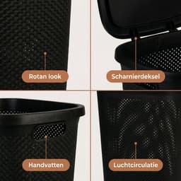 Cheqo® Wasmand met Deksel - Wasbox Zwart - Rotan Look Gevlochten - Opbergmand voor Badkamer en Slaapkamer - met Handvatten en Ventilatie - Waskorf voor Wasruimte - Wasgoedmand met Klapdeksel - Linnenmand - Grote Wasverzamelaar voor Wasgoed — thumbnail 3