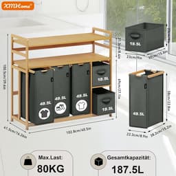 Bamboe wasmand 188 l, met 2 waszakken en 2 opbergdozen, 5-voudige wassorteerder met dubbele plank, wasverzamelaar voor badkamer, slaapkamer en bijkeuken, donkergrijs — thumbnail 4