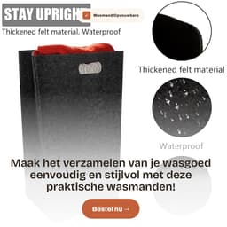 Dailygoods- Wasmand 60 Liter - Opvouwbare Wasverzamelaar - Smalle Wasmand - Vilten Wasmand - Zwart - Geschikt voor Slaapkamer/Badkamer — thumbnail 4