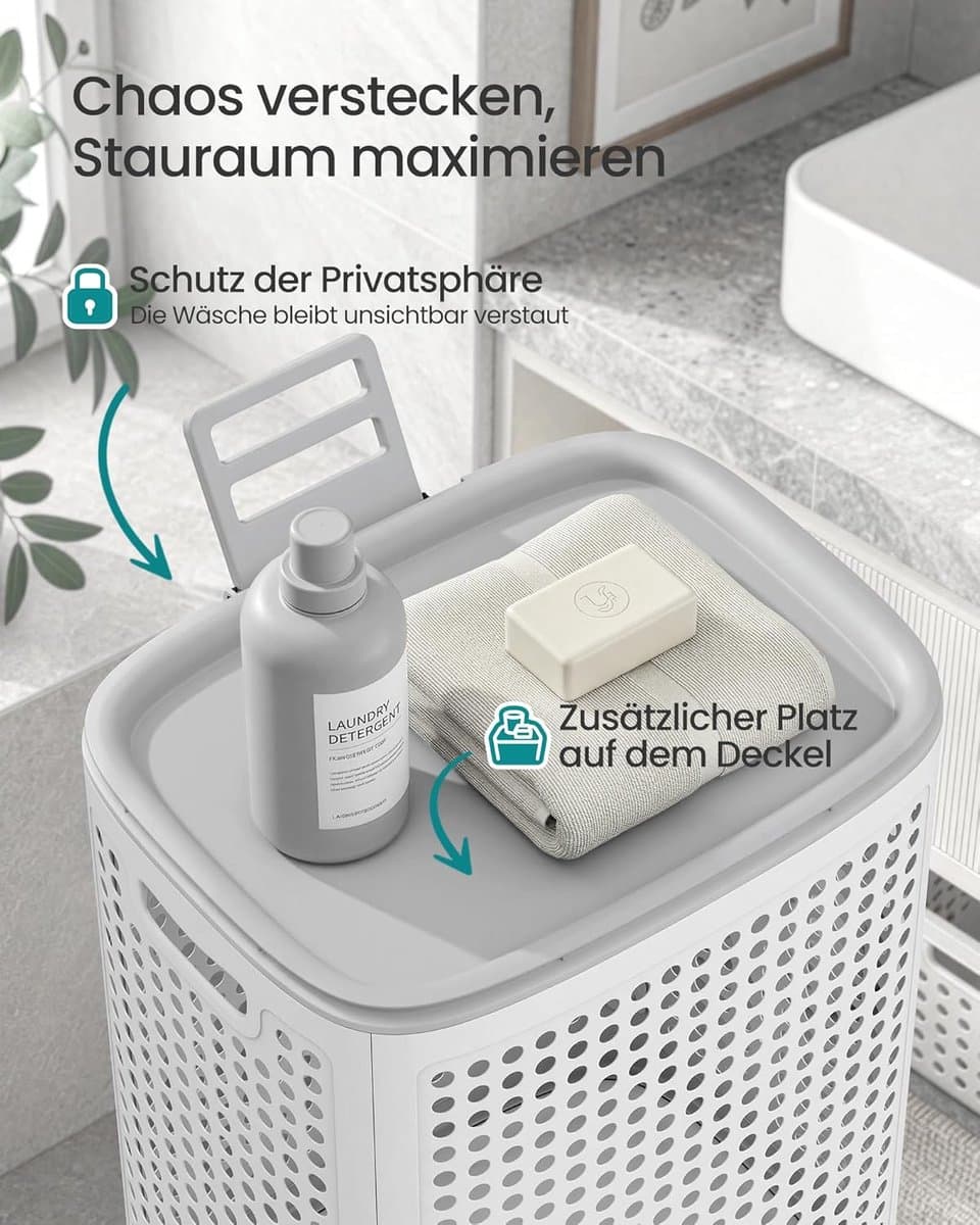 SONGMICS wasmand met deksel, wasbak plastic, 75 L, wasbak smal, wasbox ruimtebesparend, voor badkamer, wasruimte, slaapkamer, wit-grijs RLH021WG01 — afbeelding 1