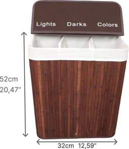 ENGLISH HOME 100L opvouwbare 3-compartimenten wasmand met deksel, wasmand met uitneembare voering, opberg organizer, wasmanden voor wasgoed badkamer, bamboe 52x32x60 cm Bruin — thumbnail 2