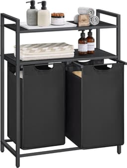 O'DADDY® Wasmand met 2 Vakken & 2 Planken - 76 Liter - Wassorteerder Uitschuifbaar - Was Organizer - Laundry Basket - Wasbox - Wasmanden - Dubbele Wasmand - Zwart/Bruin — thumbnail 1