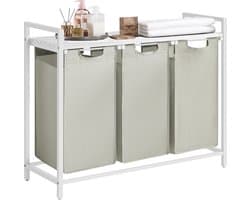 O'DADDY® Wasmand 3 Vakken - Uitschuifbare Wassorteerder met Plank - 114 Liter - 92.5 x 33 x 71 cm - Verstelbare Pootjes - Makkelijk te Monteren - Veelzijdig en Stijlvol Metaal - Wit