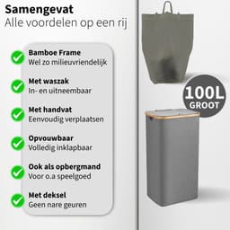 Wasmand met Deksel en Waszak - 100L - Groot Formaat - Wasmand - Opvouwbaar - Opbergmand - Linnen - Grijs — thumbnail 4