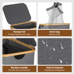 Slanke wasmand met deksel, 100 l, uitneembare voering van gaas, Oxford-stof, opvouwbaar, 44 x 33 x 69 cm, zwart — thumbnail 3