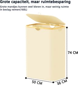 SpaceAid Dubbele Wasmand - 2 Vakken - Met Deksel & Afneembare Tassen - 160L - Bamboe Handvatten - Opvouwbaar - Beige — thumbnail 2