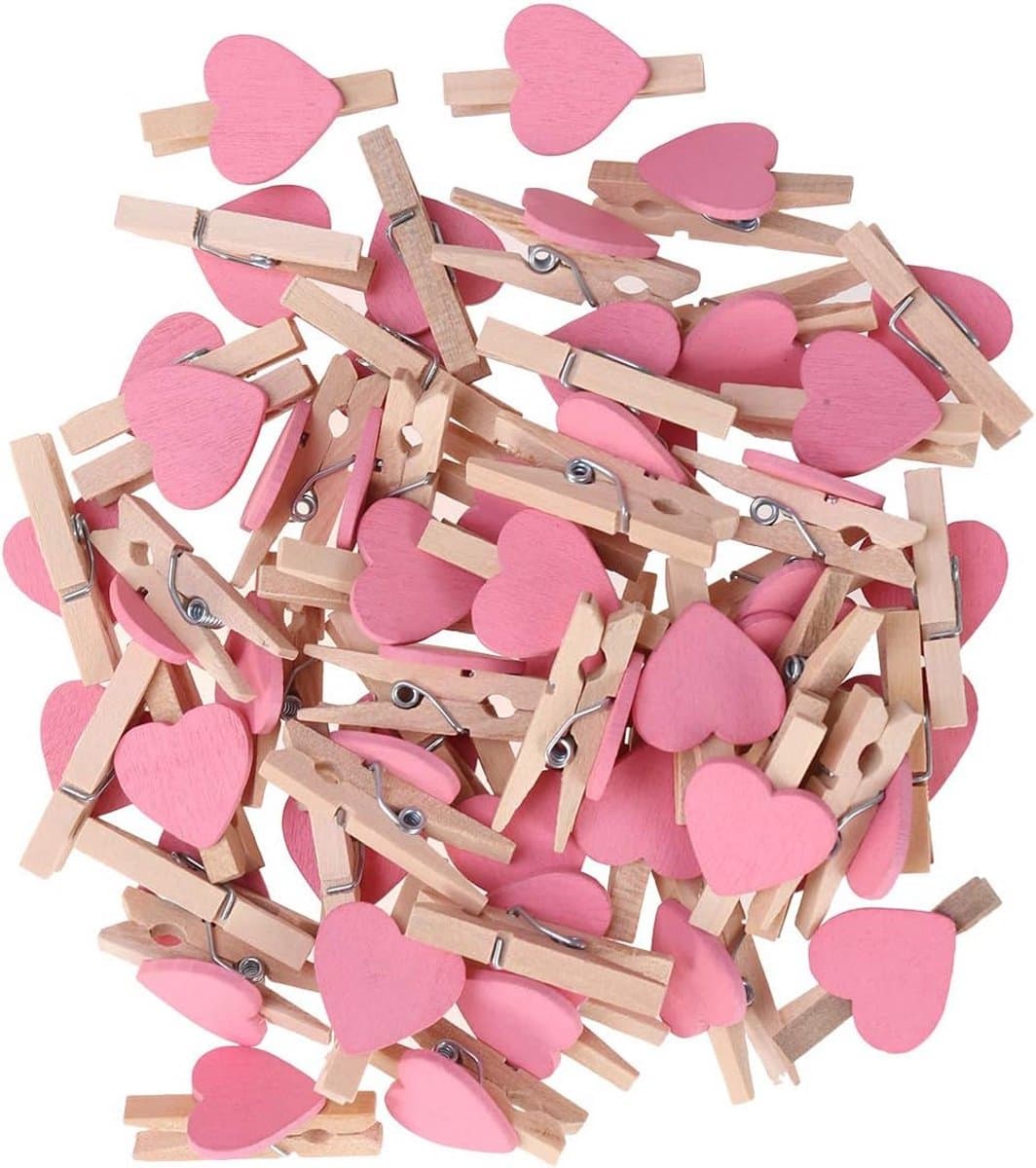 50 Roze Mini Houten Hartvormige Clips voor Foto's, Kaarten en Knutselprojecten — afbeelding 1