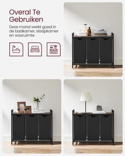 Amolass - Wasmand - Wassorteerder - 3 vakken - Wasmandmeubel - Met Bovenplank - 3x38L - 92,5 x 33 x 72 cm - Zwart - Modern — thumbnail 5