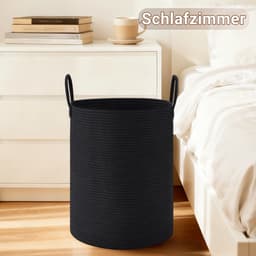 Wasmand, opbergmand, geweven mand, grote ronde wasmand van 72 liter met katoenen handvatten voor de kinderkamer, mand voor dekens en speelgoed voor de woonkamer of wasruimte, zwart — thumbnail 4