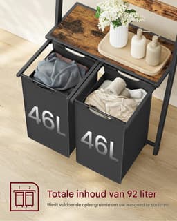 Jessi Store - Wasmand - Wassorteerder - Wasgoedopberger - Met handdoekladder - 2 vakken totaal 92L - Met opbergplank - 73x33x177cm — thumbnail 5