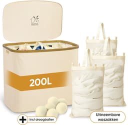 Rivoya Wasmand 3 Vakken - Wassorteerder - XXL 200L - Met 3 Uitneembare Zakken - Wasmand met deksel - Laundry basket - Extra grote capaciteit - Waszak - Wasbox - Beige - incl Drogerballen — thumbnail 1