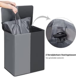DnA® Wasmand 2 Vakken - Wasmand - Wassorteerder - Dubbele Wasmand - Grijs/Zwart - 63cm x 36cm x 68cm — thumbnail 4