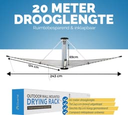 Duerté Wanddroogrek 25m – Droogmolen – Wandmontage – Inclusief 20 Wasknijpers, Wasknijpermand, Regenhoes & Wandmontage – Waslijn voor Buiten – Ruimtebesparend Droogmolen - Drogen — thumbnail 4