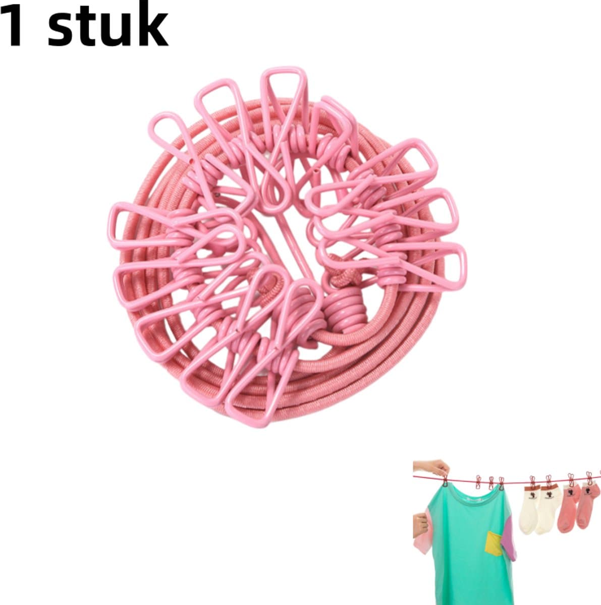 1 stuk - elastische wasknijper waslijn - reis draagbare waslijn met 12 clips - kledinghaak waslijn - roze — afbeelding 1