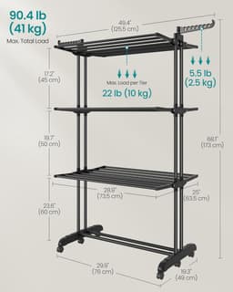 SONGMICS - Groot droogrek - opvouwbaar - 4-laags - 63,5 x 125,5 x 173 cm - zwart — thumbnail 1