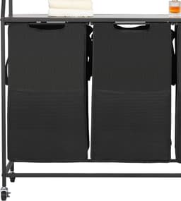 Wasmand, met 2 Niveaus met Metalen Frame en Houten Top, Rollende Mand met 3 Compartimenten, Ladderplanken en Duurzame 600D Oxford-Stoffen Tassen voor Het Sorteren van Kleding — thumbnail 2