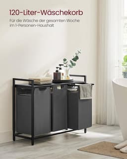 Furnstar Wasmand - Wasverzamelaar met plank - Wasbox - Afneembare waszak van Oxford weefsel - 3 vakken - Metalen frame - 120L - 92,5 x 33 x 72 cm - Leigrijs Antracietgrijs — thumbnail 2