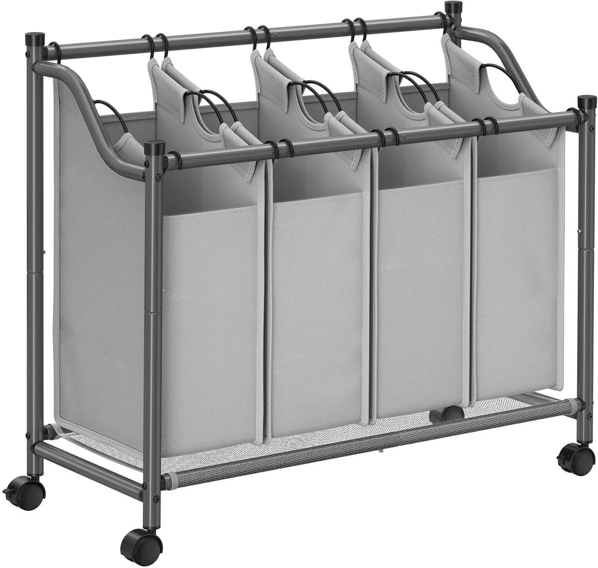 Wasmandsorteerder op wieltjes Wasverzamelwagen met 4 afneembare zakken 4 x 35 liter Voor wasruimte, slaapkamer, badkamer 87,5 x 38,5 x (67 - 81) cm Grijs — afbeelding 1