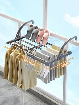 Uitschuifbare droogrek voor kleding - Veelzijdige washanger van koolstofstaal, verstelbaar van 38 tot 55 cm, droogrek voor kleding, schoenenrek, hangend aan de deur, badkamer, vensterbank, leuning, balkon — thumbnail 2