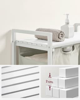 Wasmand 2 vakken – uitschuifbare wassorteerder met plank - 73 x 33 x 72 cm – metaal - wit — thumbnail 5