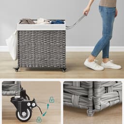 Wasmmand vuile wasmand rietstijl geweven wasmand met 3 compartimenten, uitneembare voering, handgrepen en deksel, geschikt voor woonkamer, badkamer en wasruimte, 66 x 33 x 60 cm, grijs. — thumbnail 5